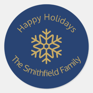 Happy Holidays Elegant Navy Gold Snowflake Custom  Classic Round Sticker