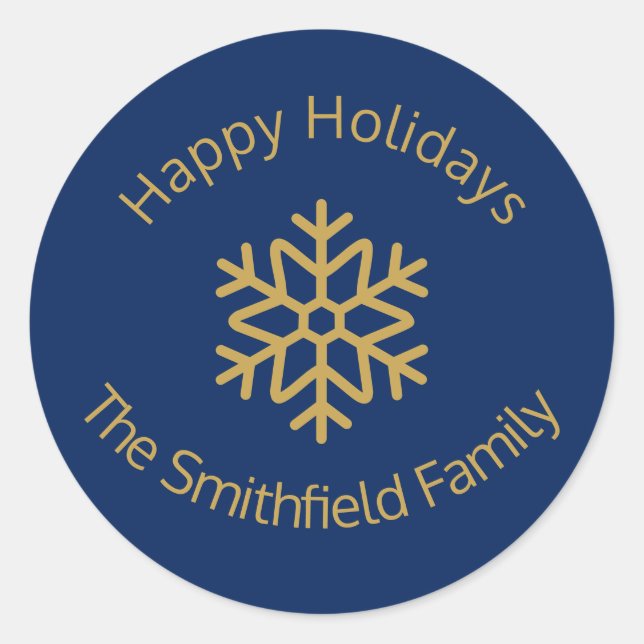 Happy Holidays Elegant Navy Gold Snowflake Custom  Classic Round Sticker (Front)