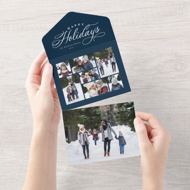 Happy holidays elegant photo collage navy trifold all in one invitation (Tearaway)