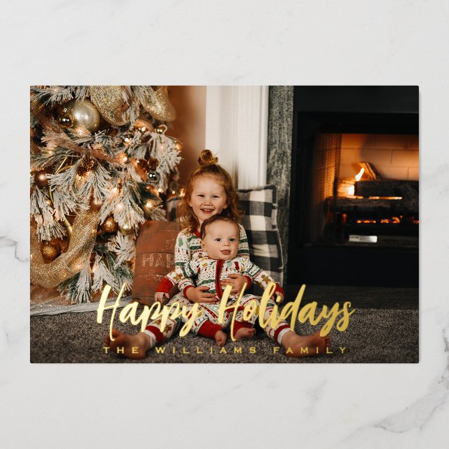 Happy Holidays Elegant Photo Script Real Gold Foil Holiday Card (Front)