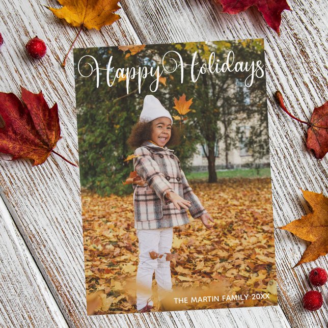 Happy Holidays Elegant White Typography Photo Holiday Card (Creator Uploaded)