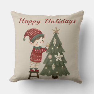 Happy Holidays Elf Christmas Tree Throw Pillow