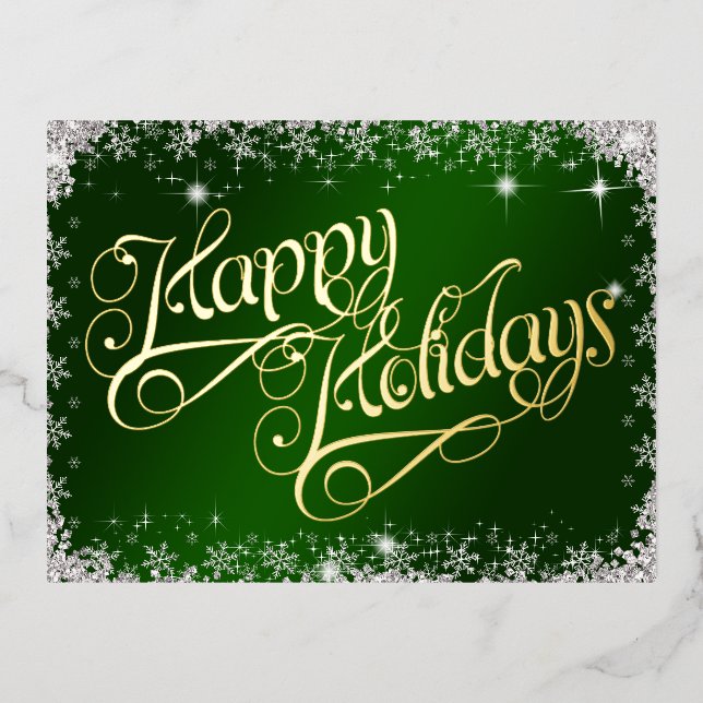 Happy Holidays Emerald Green Typography Diamonds Foil Holiday Postcard (Front)