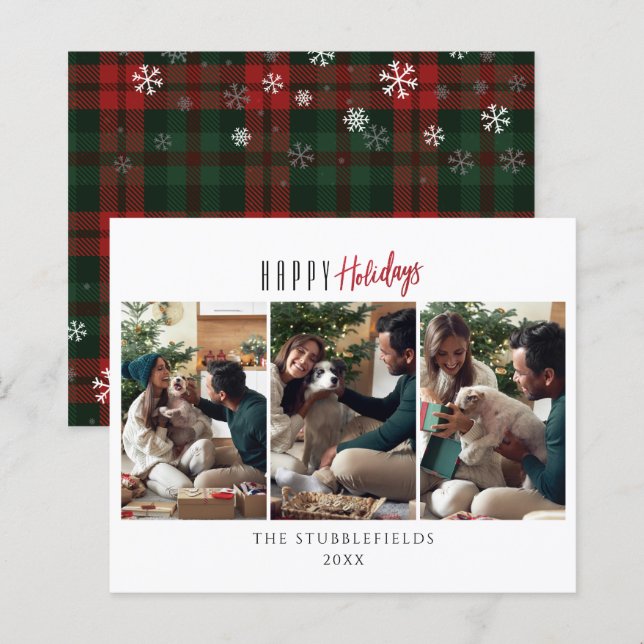 Happy Holidays Family 3 Photos Christmas Card (Front/Back)