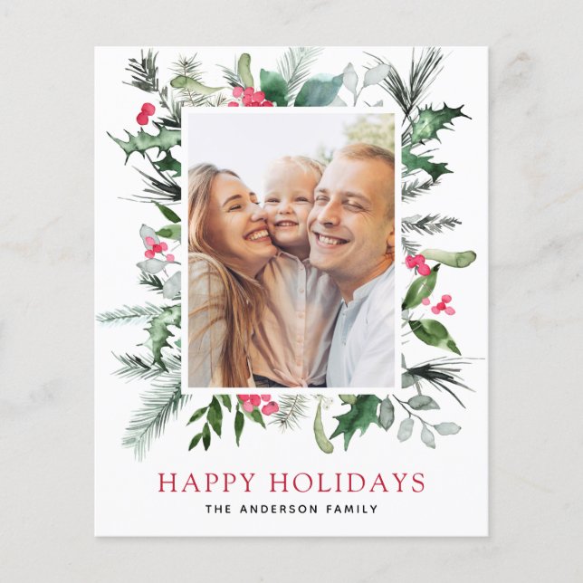 Happy Holidays Family Greenery Photo Card (Front)