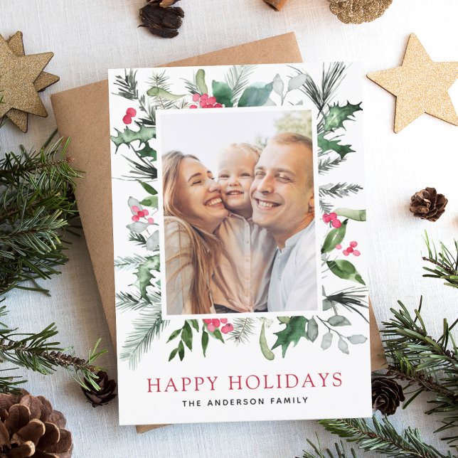 Happy Holidays Family Greenery Photo Card (Creator Uploaded)