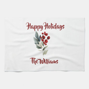 Happy Holidays Family Name Christmas Cherry Tea Towel