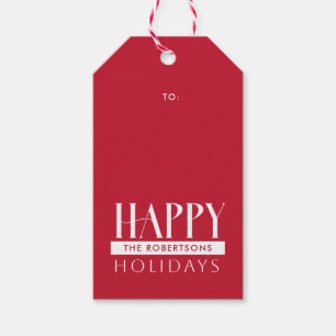 Happy Holidays & Family Name Festive Red Gift Tags