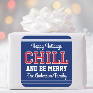 Happy Holidays Family Name Fun Retro Navy Red Square Sticker