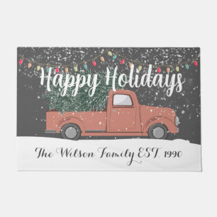 Happy holidays Family name red truck Xmas light Doormat