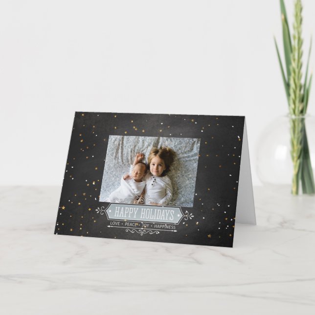 Happy Holidays Family Photo Chalkboard Stars Card (Front)