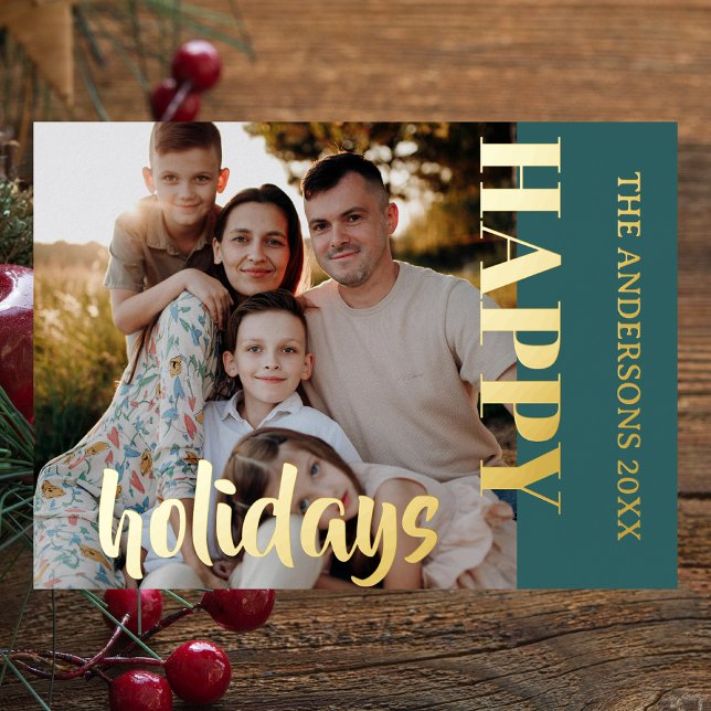 Happy Holidays Family Photo Classic Teal Foil Holiday Card (Creator Uploaded)