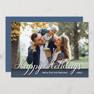 Happy Holidays Family Photo Elegant Modern Blue Card