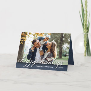 Happy Holidays Family Photo Elegant Modern Blue Holiday Card