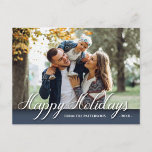 Happy Holidays Family Photo Elegant Modern Blue Postcard