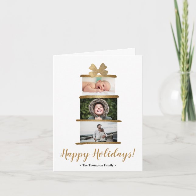 Happy Holidays Family Photo Gold Bow Gift stack Holiday Card (Front)