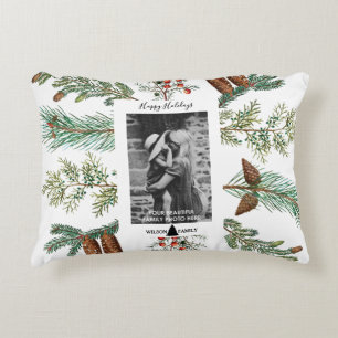 Happy Holidays Family Photo Pine Christmas Decorative Cushion