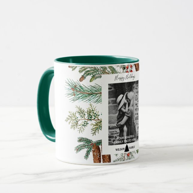 Happy Holidays Family Photo Pine Christmas  Mug (Front Left)