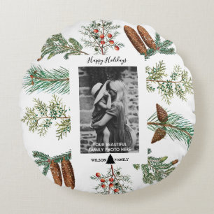 Happy Holidays Family Photo Pine Christmas Round Cushion