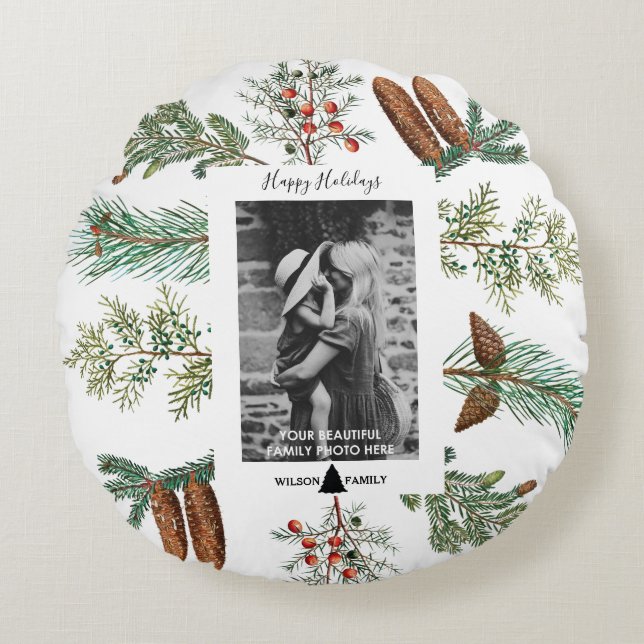 Happy Holidays Family Photo Pine Christmas Round Cushion (Front)