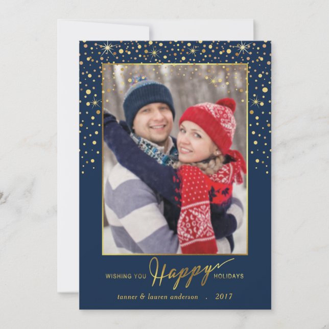 Happy Holidays Faux Foil Confetti Holiday Photo Card (Front)