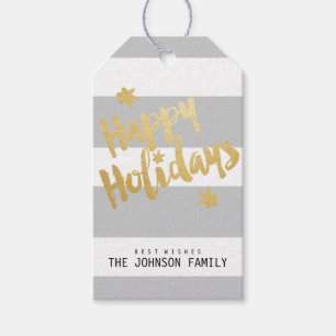 Happy Holidays Faux Gold Foil Striped Personalise Gift Tags