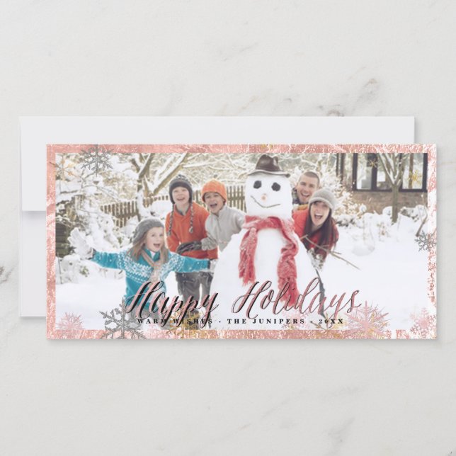 Happy Holidays Faux Rose Gold Snowflakes Holiday Card (Front)