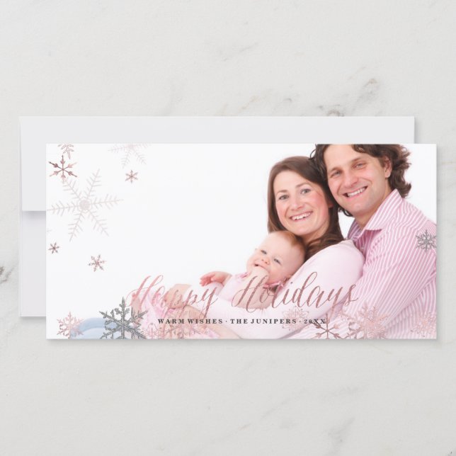 Happy Holidays Faux Rose Gold+Snowflakes Holiday Card (Front)