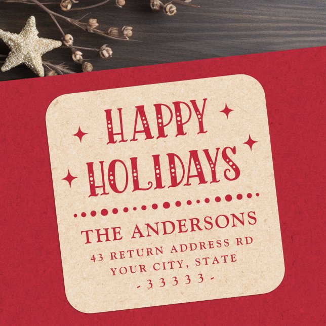 Happy Holidays festive dot divider Kraft look red Square Sticker (Happy Holidays festive dot divider Kraft look red Square Sticker)