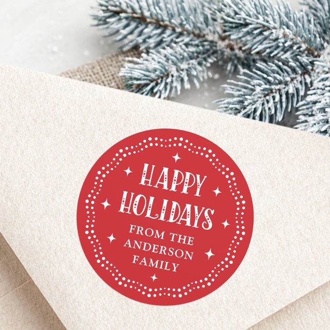 Happy Holidays festive font cute dot border red Classic Round Sticker (Happy Holidays festive font cute dot border red Classic Round Sticker)