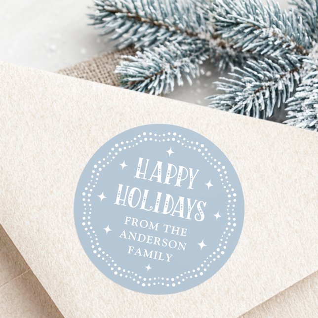 Happy Holidays festive font dot border light blue Classic Round Sticker (Happy Holidays festive font dot border light blue Classic Round Sticker)