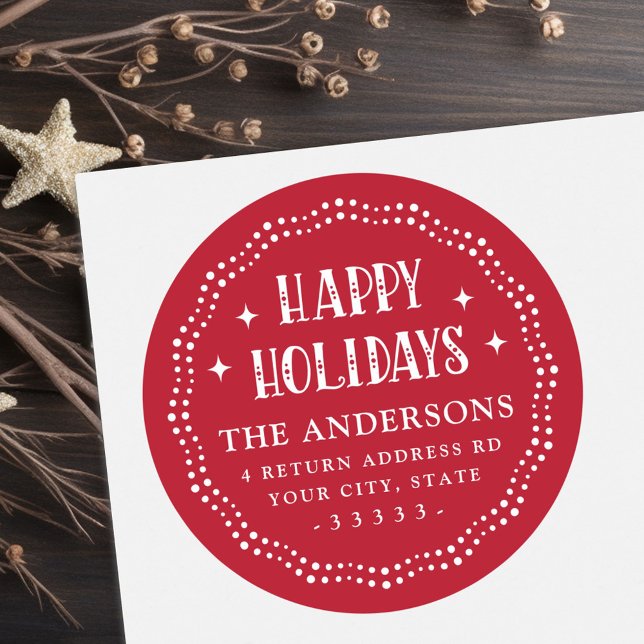Happy Holidays festive font dot border red Classic Round Sticker (Happy Holidays festive font dot border red Classic Round Sticker)