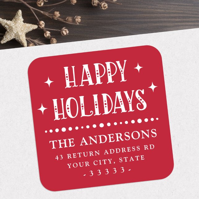 Happy Holidays festive font dot border red Square Sticker (Happy Holidays festive font dot border red Square Sticker)