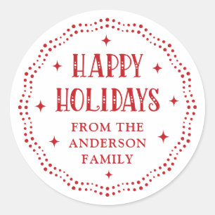 Happy Holidays festive font dot border red white Classic Round Sticker
