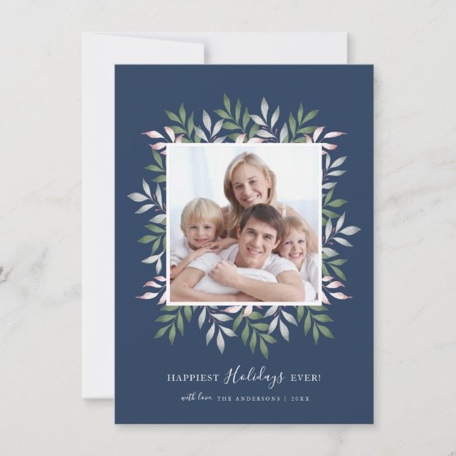 Happy Holidays Festive Greenery Photo Frame Holiday Card (Front)