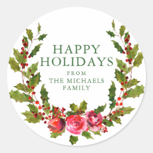 Happy Holidays Festive Holiday Wreath Classic Round Sticker