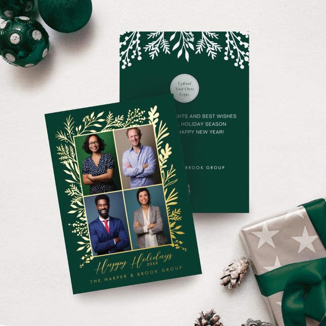 Happy Holidays Festive Holly Team Photos Business Foil Holiday Card (Creator Uploaded)