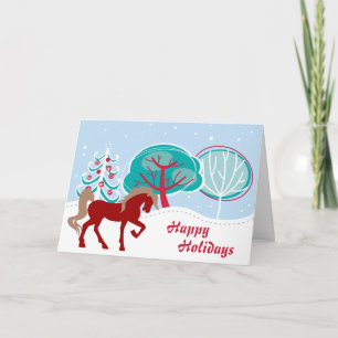 Happy Holidays Festive Horse Snowy Christmas Holiday Card