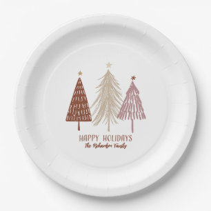 Happy Holidays Festive Merry Christmas Trees Chic Paper Plate