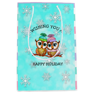 Happy Holidays, Festive Owls with Snowflakes Medium Gift Bag