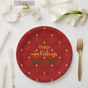 Happy Holidays, festive red and gold, Paper Plate