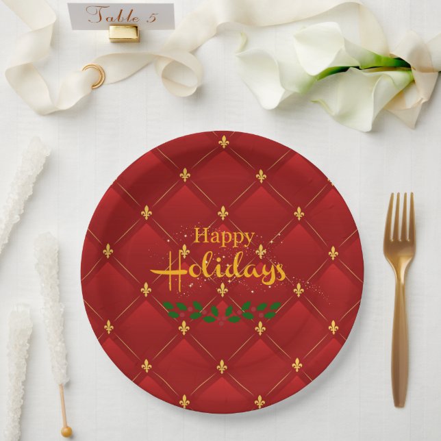 Happy Holidays, festive red and gold, Paper Plate (Wedding)