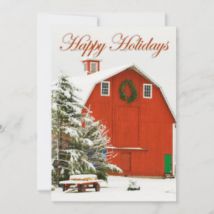 Happy Holidays - Festive red barn in fresh snow Holiday Card