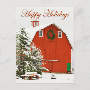 Happy Holidays - Festive red barn in fresh snow Holiday Postcard