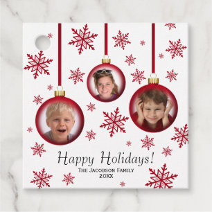 Happy Holidays Festive Red Baubles 3 Photo Favour Tags