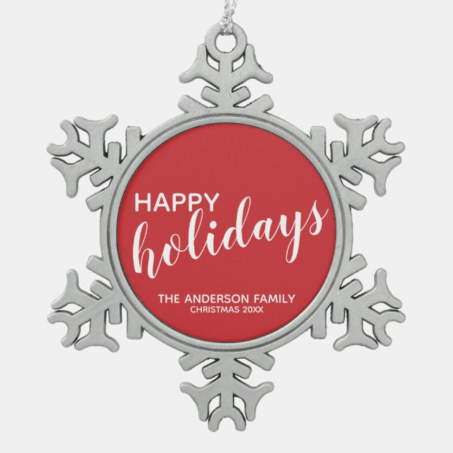 'Happy Holidays' Festive Red Snowflake Pewter Christmas Ornament (Front)