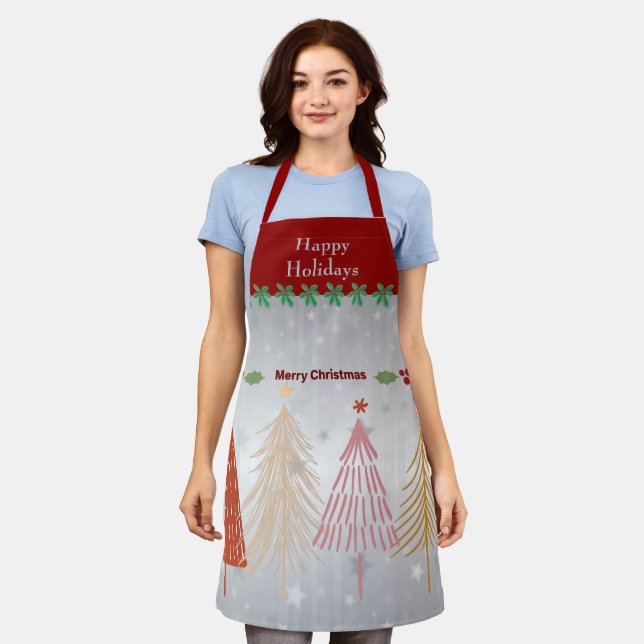 Happy Holidays, festive silver and Christmas red,  Apron (Worn)