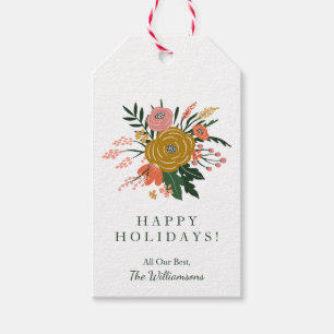 Happy Holidays Floral Bouquet with Family Name Gift Tags