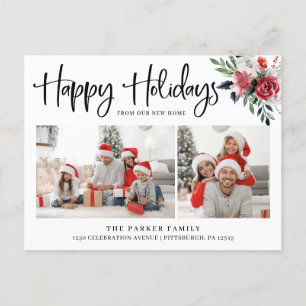 Happy Holidays Floral Change of Address Photo Holiday Postcard