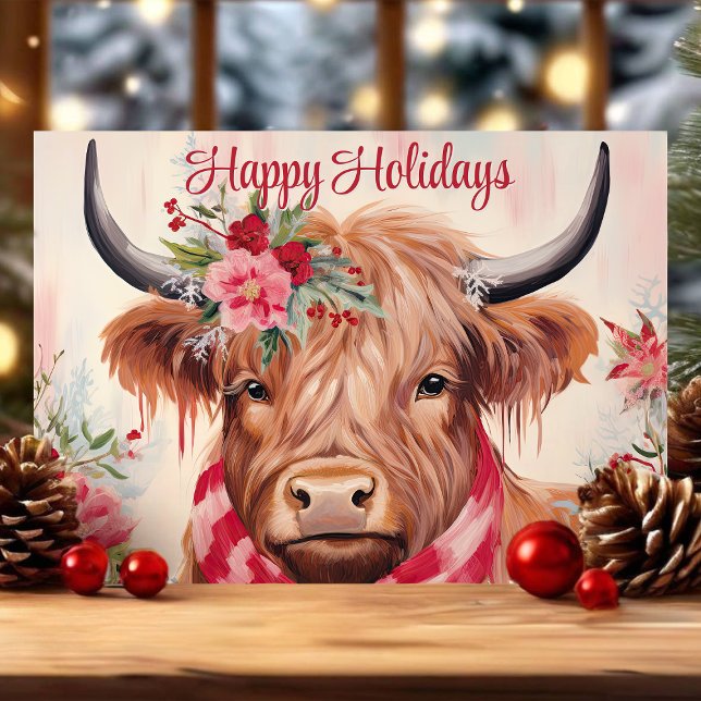Happy Holidays Floral Highland Cow Christmas Holiday Card (Creator Uploaded)